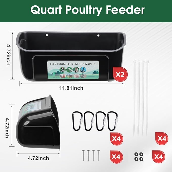 PIREKZUNT 2 Pack Chicken Duck Feeder, Poultry Feeders and Waterers, Hanging Goat Feeder, Livestock Feeding Container, Feed Trough and Waterer Bucket with Clips(Black)