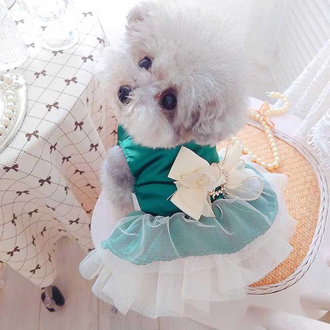 ANIAC Retro Dog Tulle Dress with Leash Ring Spring Summer Girl Puppy Clothes for Small Dog Cat Apparel Formal Pet Prom Dress for Christmas Wedding Birthday Valentines (Green,Medium)