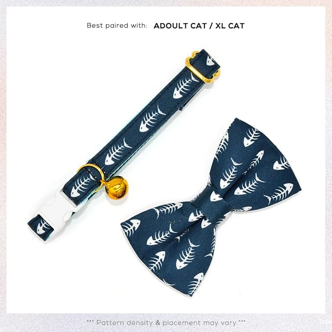 Fish Bone Cat Collar Bow Tie, Breakaway Safety Collar, Wedding/Birthday Cat Accessories, Adjustable Bowtie, Removable Jingle Bell
