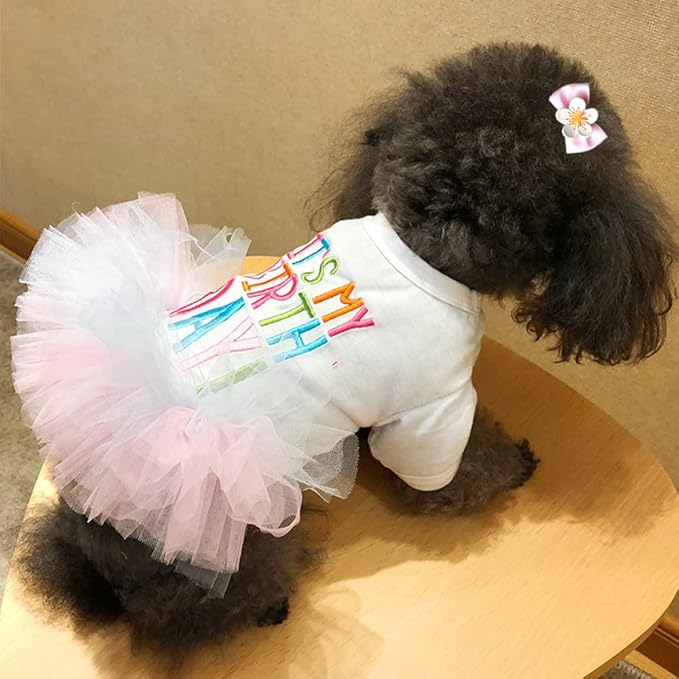 ANIAC Girl Dog Birthday Tutu Dresses Puppy Lace Skirt and Hairpin Cat Birthday Princess Dress Pet Clothes for Cats Small Dogs (X-Small, White)
