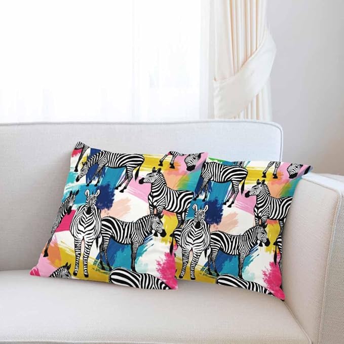 Throw Pillow Covers Black White Zebra Tropical Jungle Colorful Painting,Set of 2 Square Decorative,Cushion Pillows Cover for Couch and Bed for Men/Women 18X18 Inch