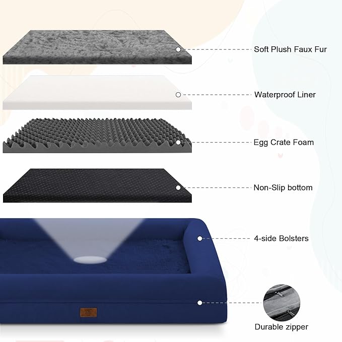 Jumbo Dog Beds for Extra Large Dogs, Waterproof Orthopedic Egg Crate Foam Dog Bed with Removable Bolster Washable Cover, Non-Slip Big Pet Couch for Extra Large Dogs, Blue