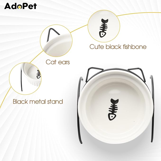 Elevated Ceramic Cat Bowl with Metal Stand – Non-Slip White Pet Food Tray with Herringbone Design Helps Reduce Neck Strain for Small and Medium Cats and Dogs