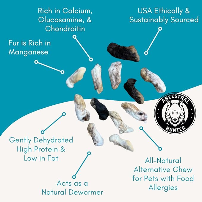 Dehydrated Rabbit Feet for Dogs & Cats - Furry Rabbit Feet Dog Treats - Whole Rabbit Front Paws for Cats & Dogs - Pack of 12