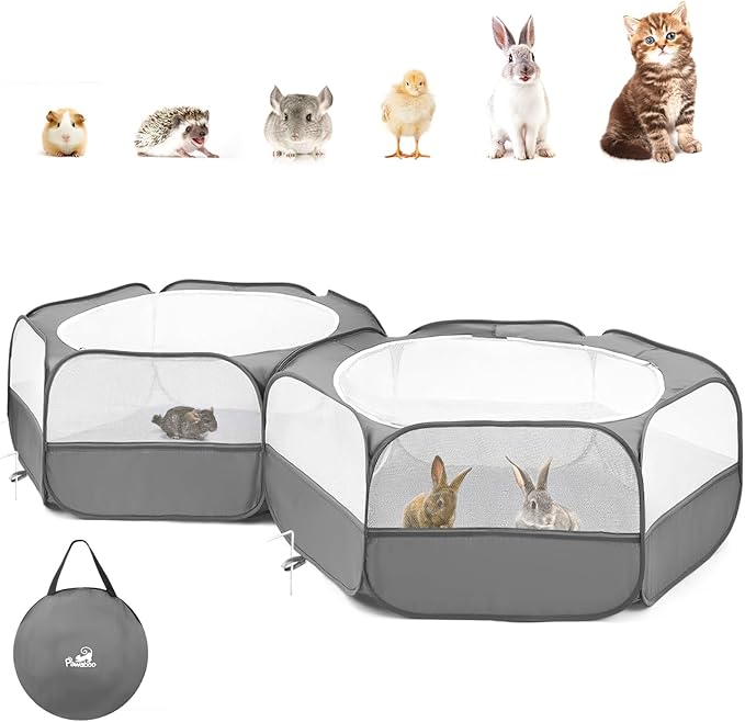 Pawaboo Small Animals Playpen, Portable Chicken Coop Run Large Chick Brooder with Zipper Splicing, Pop Up Pet Enclosure Cat Tent for Guinea Pig Bunny Puppy Indoor Outdoor, Gray