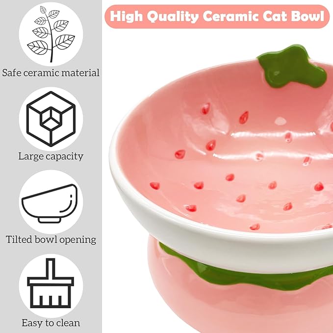 Hamiledyi Ceramic Raised Cat Bowls 15° Tilted Elevated Kitten Food Water Bowl Shallow Whisker Fatigue Kitty Dish Fruit Pet Feeding Bowls Feeder for Indoor Cats Small Dog (Pink Strawberry)
