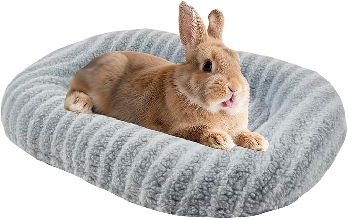 15.7’’×12.2’’ Cozy Bunny Bed for Rabbits Indoor, Soft Concave Oval Beds for Small Animal, Washable Plush Mat for Bunnies, Guinea Pigs,Rabbit for Winter,Blue
