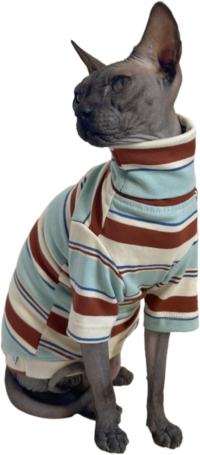 Vintage Stripes Sphynx Hairless Cats Shirt Cotton Cat Turtleneck Pet Clothes Kitten T-Shirts with Sleeves for Sphynx Cornish Rex, Devon Rex, Peterbald (Mint Brown, X-Large (Pack of 1))