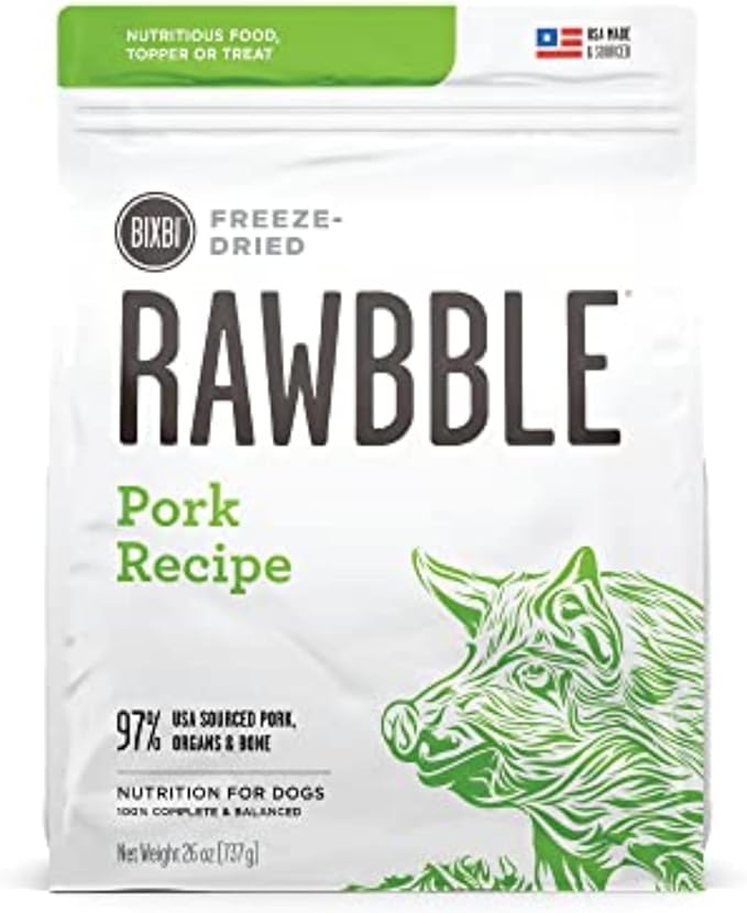 BIXBI Liberty Freeze-Dried Dog Food Topper & Treats, Pork – 97% Meat & Organs, No Refrigeration – USA Made, 26 oz