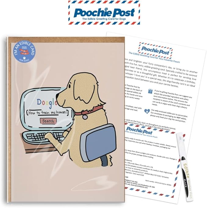 Poochie Post Edible Greeting Card for Dogs, Bacon-Flavored Dog Treat Gift with Edible Ink Pen, "Train Your Human" Design, Gluten & Grain Free, Made in USA