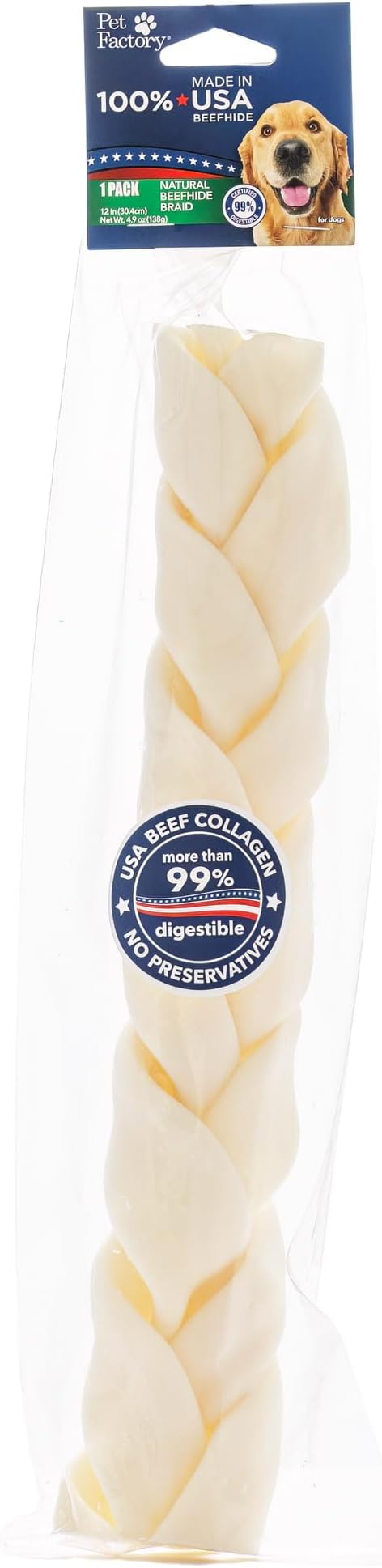 Pet Factory 100% Made in USA Beefhide 12" Braided Stick Dog Chew Treat - Natural Flavor, 1 Count/1 Pack