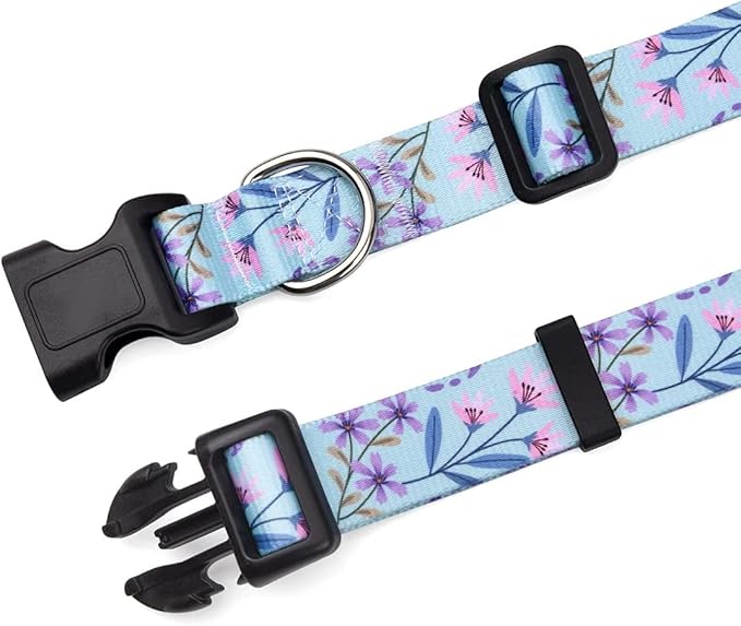 Dog Collar and Leash Set, Floral Print, Adjustable Collar for Medium Dogs, Bicolor Flower Set