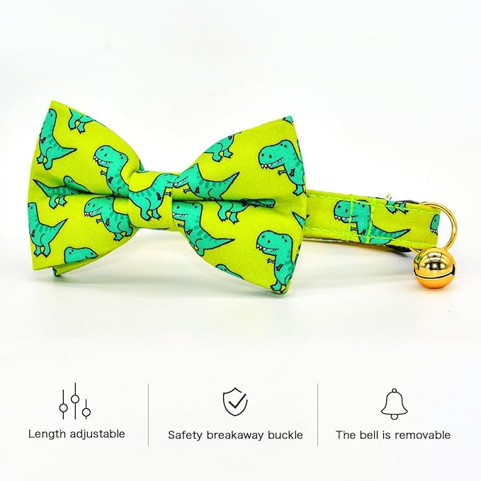 Cat Collar Bow Set, Green Dinosaur, Wedding/Birthday Breakaway Collar Bowtie for Kitten/Cat