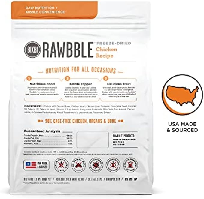 BIXBI Liberty Freeze-Dried Dog Food Topper & Treats, Chicken – 98% Meat & Organs, No Refrigeration – USA Made, 26 oz