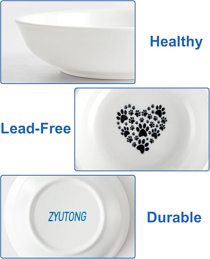 6PCS Whisker Fatigue Ceramic Cat Dishes - 5.5" Shallow Cat Food Bowl, Cute Kitten Plates for Wet Food, Whisker-Friendly, Non-Slip, Wide, White, Heart & Claw Pattern