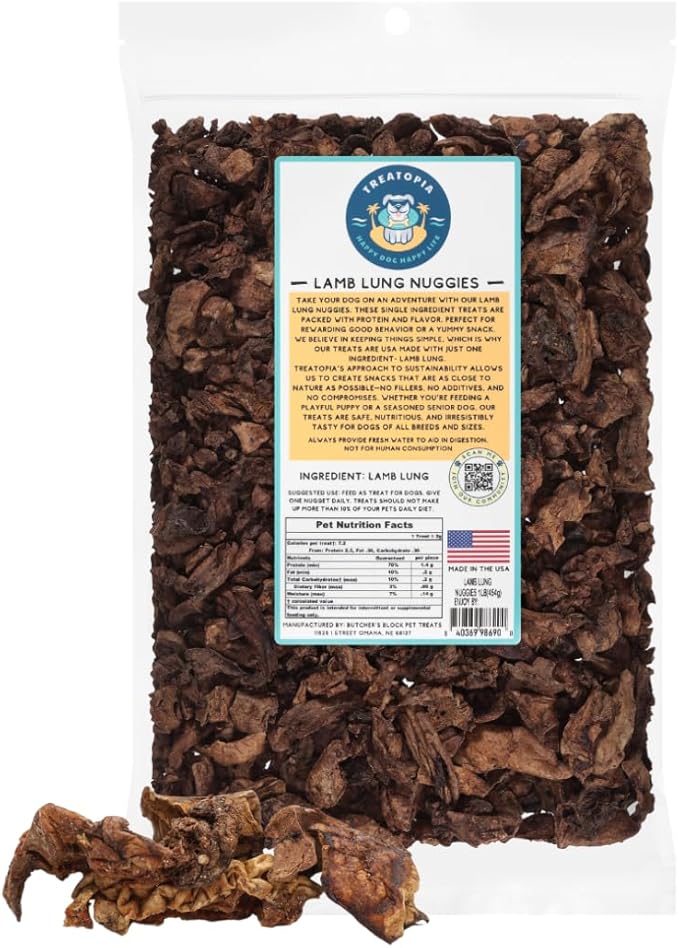 TREATOPIA Lamb Lung Nuggies Bites Dog Treats, 1 LB Bag - All-Natural, Sustainable, Healthy, High Protein, Hand-Trimmed, Slow-Roasted, Made in The USA, Nutritious, No Additives, No Fillers