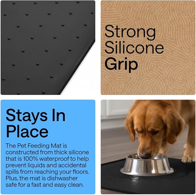 GORILLA GRIP 100% Waterproof Raised Edge BPA Free Silicone Pet Feeding Mat, Dog Cat Food Mats Contain Spills Protects Floors, Placemats for Cats and Dogs Water Bowl, Pets Accessories 23x15 Black