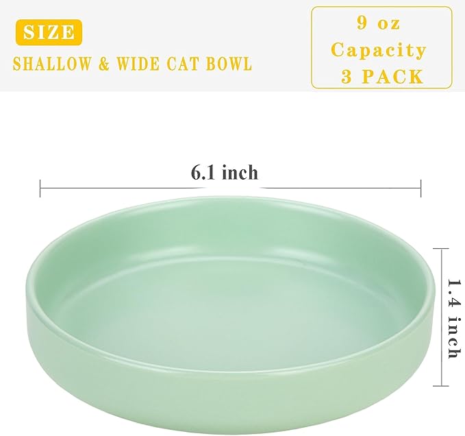 Ceramic Cat Bowls,Shallow Cat Dishes for Food and Water, 6 inch Matte Finish Wide Cat Food Bowl,Whisker Fatigue Free Pet Puppy Kitten Bowl Set of 3,Dishwasher Safe