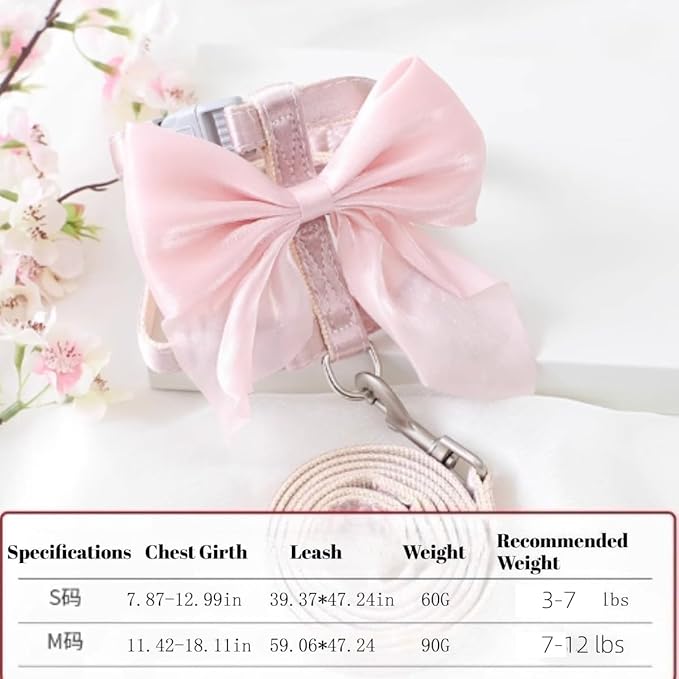 Cat Harness with Bow Pink Soft Velvet Chest Strap for Kittens and Cats, Adjustable Pet Leash for Walks, Cute Dog Collar Accessory (Pink,Small (3-7 lbs))