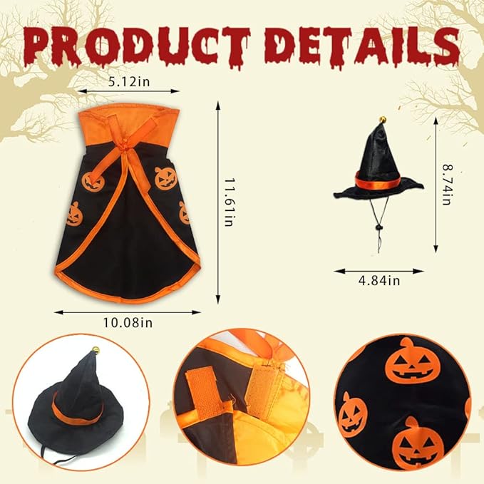 Halloween Cat Costume Cloak Witch Hat Pet Accessories Halloween Adjustable Pumpkin Pet Costumes Clothes Set, Halloween pet Costume Decor Cloak for Cats Dogs Puppy Halloween Carnival Party Supplies