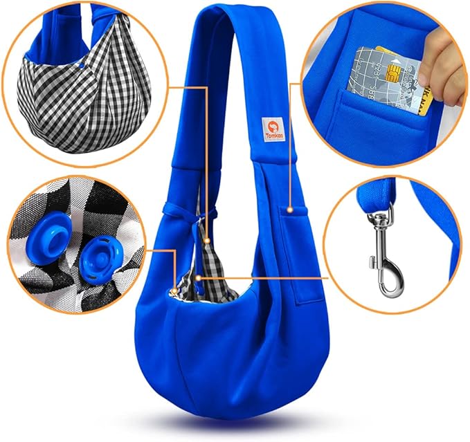 Tomkas Small Dog Cat Sling Carrier Puppy Purse Travel Wrap Soft Crossbody Pet Bag (Royal Blue, M - Classic Pocket & Classic Strap)
