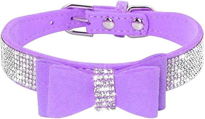 Cute Dazzling Sparkling Elegant Fancy Soft Suede Leather Bling Rhinestone Crystal Jeweled Pet Cat Dog Puppy Collar Dog Leash Combo Set (M, Purple-1)
