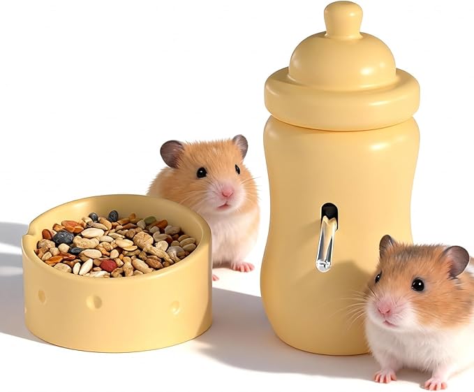 Ceramic Hamster Water Bottle with Stand and Food Bowl Set, Anti Flipping Food Dish and Water Dispenser for Dwarf Hamster Gerbils Syrian Hamster Mice Rats Accessories for Cages (Yellow)