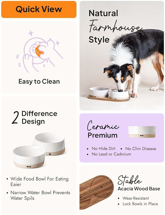 LE TAUCI PET Ceramic Dog Bowls for Medium and Small Dogs - 3.2 Cup Weighted Non-Slip Food and Water Bowls with Acacia Wood Tray, Pet Bowl Set of 2