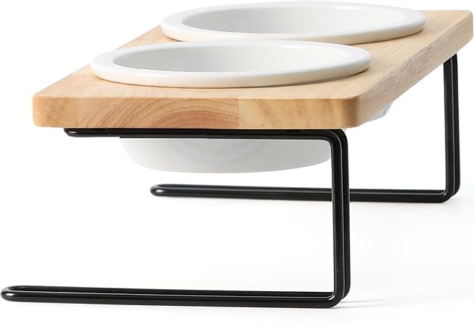 FUKUMARU Elevated Cat Ceramic Bowls, Small Dog Raised Food Feeding Dishes, Solid Wood Water Stand Feeder Set for Cats and Puppy