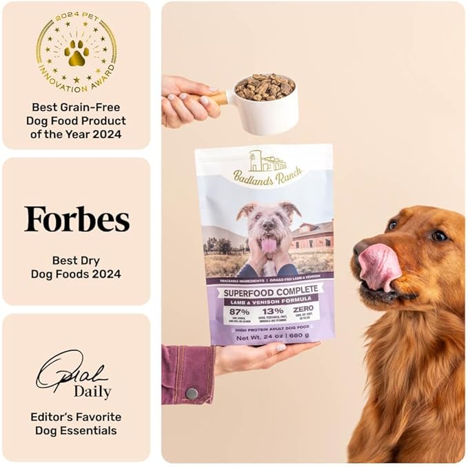 BADLANDS RANCH by Katherine Heigl – Superfood Complete Air-Dried Lamb & Venison Dog Food – High Protein with Superfoods for Daily Wellness & Consistent Nutrition – 24 oz