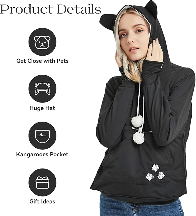 YYW Womens Pet Hoodies Pullover Sweatshirt Oversized Cat Hoodies Pet Holder Cat Dog Pouch Carriers (Black,Medium)