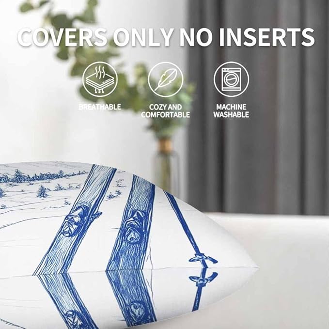 Pillow Case Ski Mountains Exciting Outdoors Sport with Skateboard in Winter Season Soft Decorative Set of 2,Square Home Decor Pillow Covers for Sofa Bedroom Car Couch 18X18 Inch