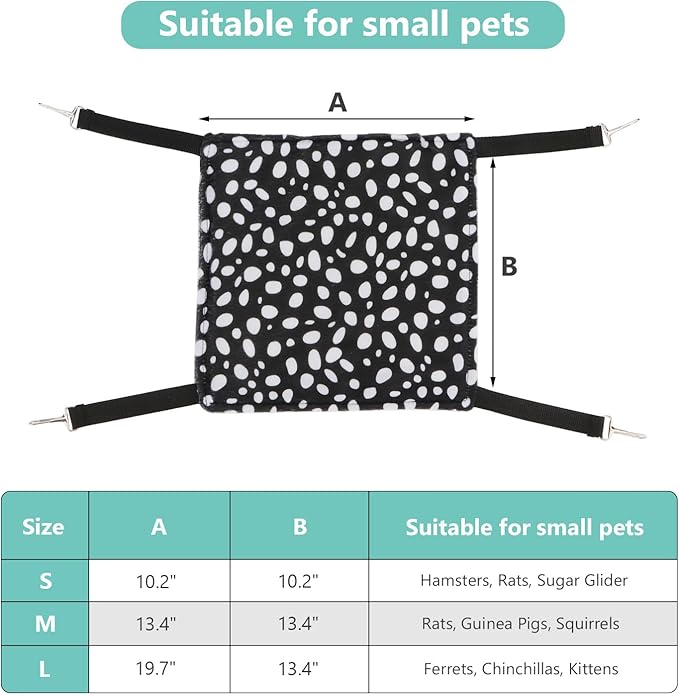 Wontee 2 Pack Small Animal Hammock Soft Fleece Sleeping Bed for Mice Rat Chinchilla Guinea Pig Ferret Kitten Cat Rabbit (L: 20.83x13.76inch, Black White Dot)