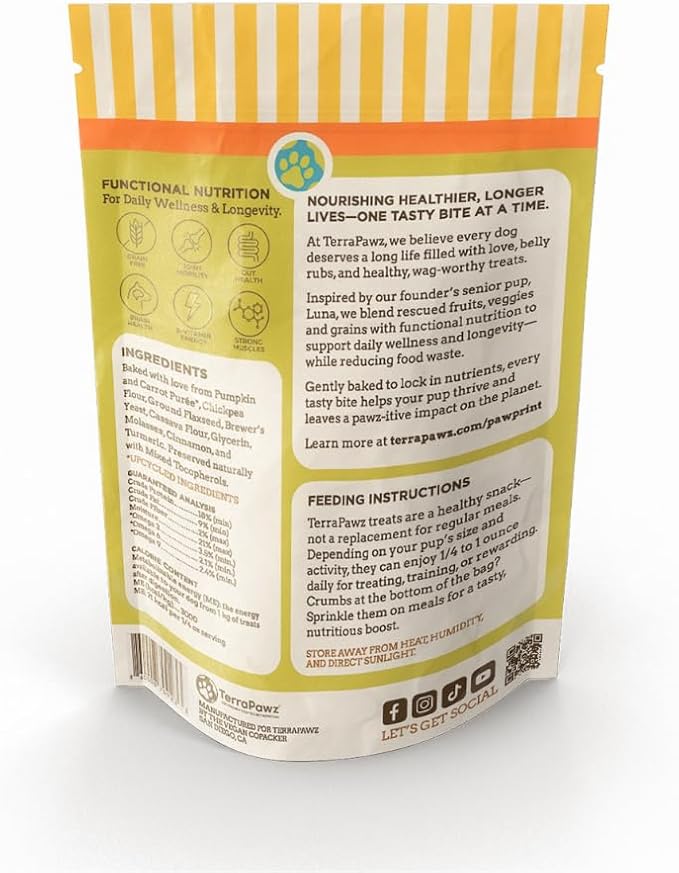 TerraPawz Vegan Dog Training Treats for Sensitive Stomachs – Pumpkin Flavor, Plant-Based & Grain-Free with Turmeric & Omegas for Digestive Health, for All Dog Sizes Including Large Breeds (8 oz)