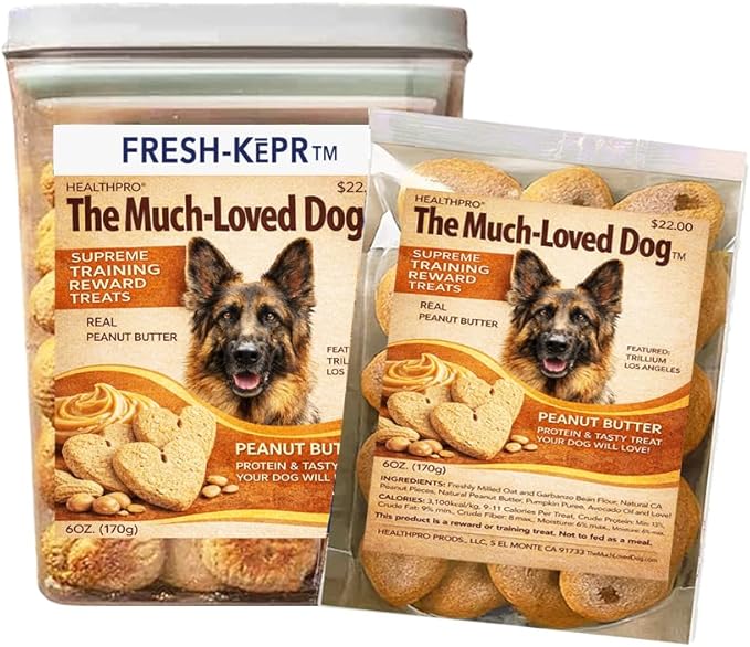The Much Loved Dog™,Elite, Natural Peanut Butter Treats in Fresh-KEPR™, Natural, Fun & Yummy! Human- Food-Grade, Small-Batch Baked By CA Dog-Lovers, Freshness in All Climates, U.S.A., Refill and Save.