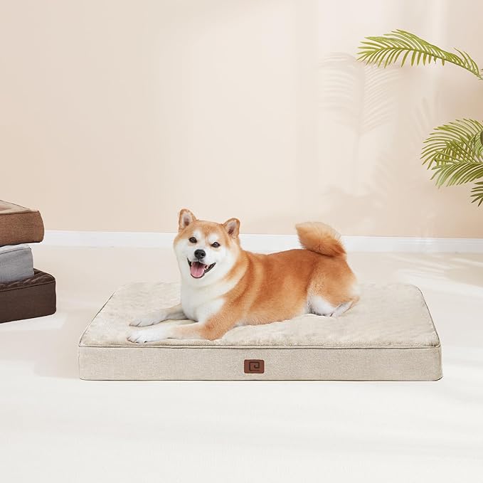 EHEYCIGA Orthopedic Dog Bed Waterproof 35"x23", Memory Foam Pet Bed for Larged Size Dogs, Washable Pet Mat with Removable Cover, Beige