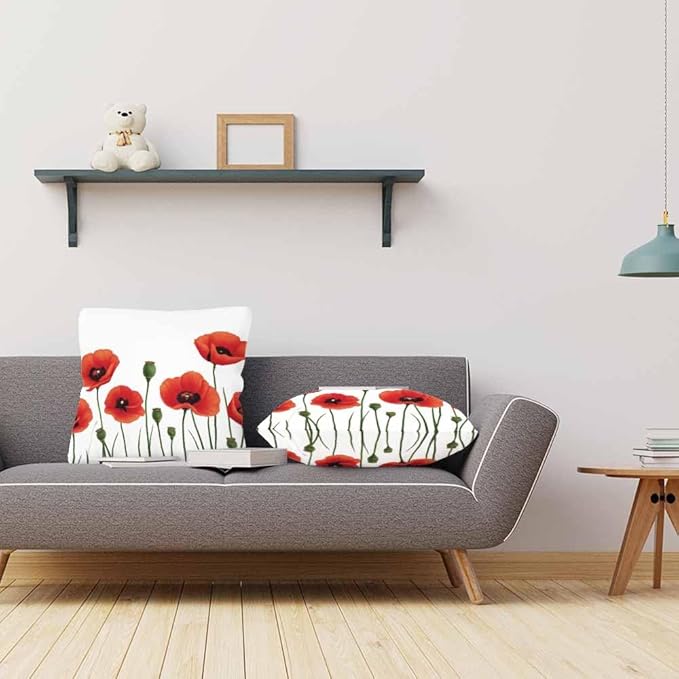 Throw Pillow Covers Red Poppies Field and Green Bud Watercolor Soft Square Pillowcase,Cushion Case for Couch Sofa Bed Bedroom Car Living Room 18X18 Inch Pack of 2
