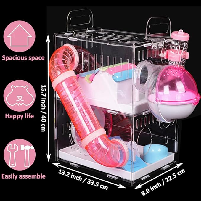 DuvinDD Hamster Cages with Crossover Tubes Tunnels, Large Hamster Cage Habitats Gerbil House, Transparent Acrylic Small Animal Cage for Pet Rat, Syrian Hamster, Mouse with Accessories