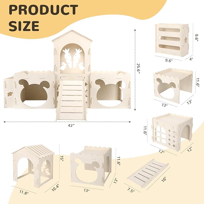 Extra Large Rabbit Castle, Wooden Bunny House & Hay Feeder, Detachable Rabbit Hideaway, Indoor Rabbit Castle with Ramp, Small Animal Houses & Habitats
