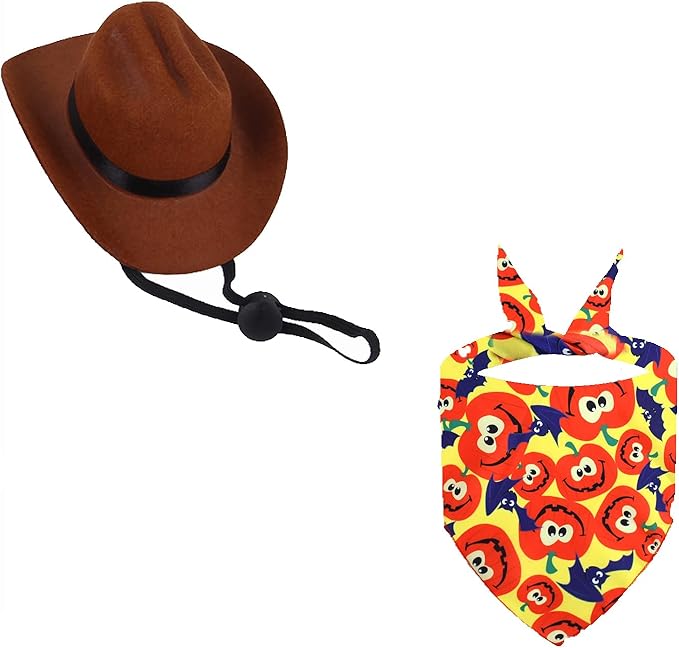 Pet Cowboy Hat with Bandana – Adjustable Western Costume for Dogs, Soft Breathable Fabric, Perfect for Halloween, Photo Shoots & Parties (Small/Medium)