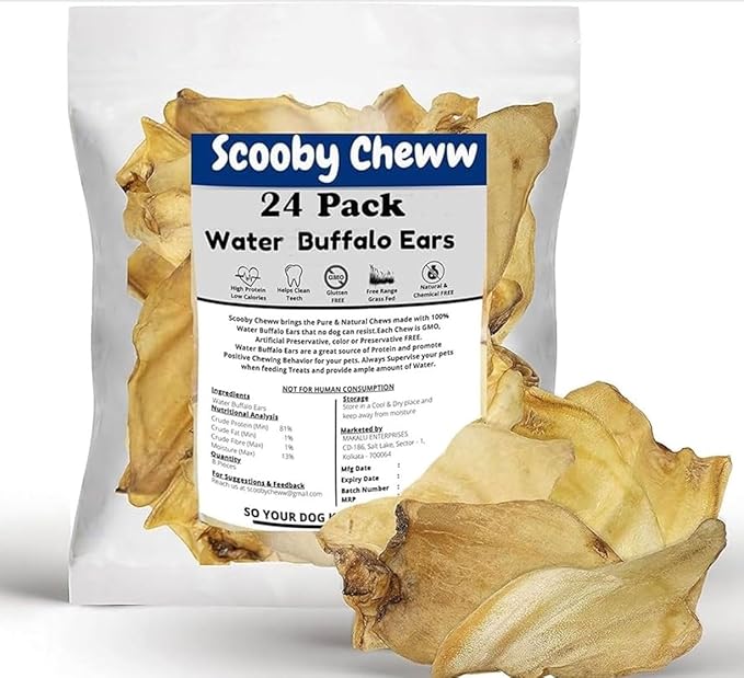 100% Natural Pet Treats 24 Pack Grass Fed Water Buffalo Ears for Dogs | High Protein Beef Cow Ears for Dogs Safe Rawhide Dog Treat Suitable for Small, Medium & Large Breeds Dogs Chews