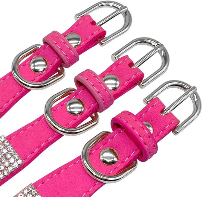 Cute Dazzling Sparkling Elegant Fancy Soft Suede Leather Bling Rhinestone Crystal Jeweled Pet Cat Dog Puppy Collar Dog Leash Combo Set (XS(Neck8-10), Pink)