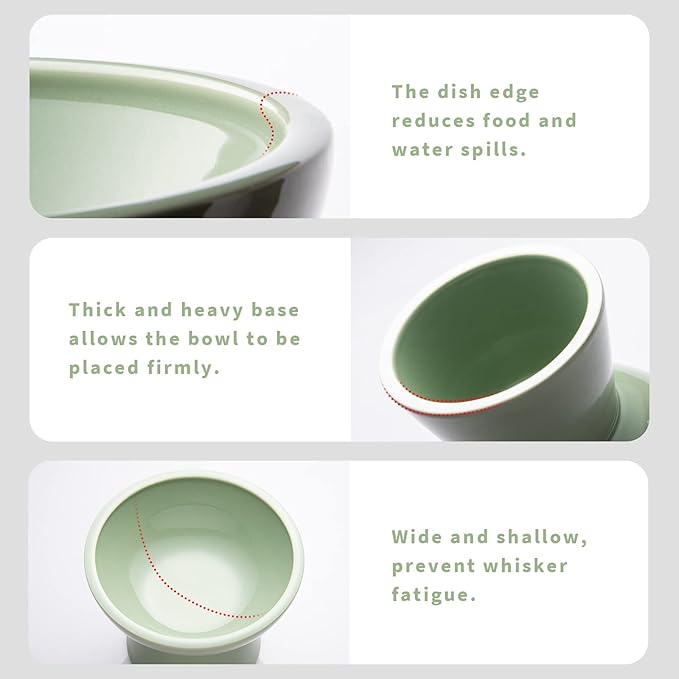 CEEFU Extra Wide Elevated Ceramic Cat Food Bowl - 6.2" Shallow Dish for Whisker Fatigue Relief, 5" Height for Easy Feeding, Lead & Cadmium Free, Durable Raised Cat Food Bowls, Sage Green