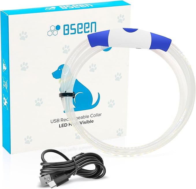 BSEEN Light Up Dog Collar - 360° Visible Rainproof LED Dog Collar Rechargeable - TPU Cuttable Glowing Pet Collar for Small Medium Large Dogs - Safety Dog Lights for Night Walking& Camping (Blue 70cm)