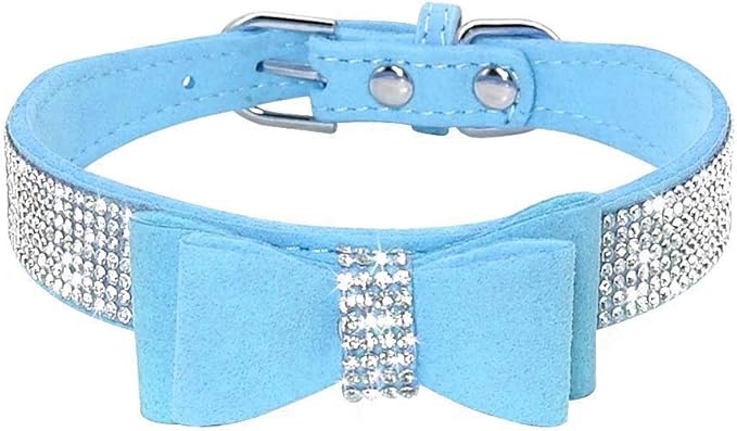 Cute Dazzling Sparkling Elegant Fancy Soft Suede Leather Bling Rhinestone Crystal Jeweled Pet Cat Dog Puppy Collar Dog Leash Combo Set (XS, Blue-1)