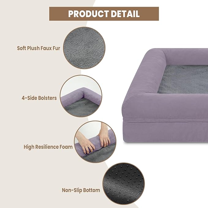 Jumbo Orthopedic Dog Beds, Washable Dog Bed with 4-Sides Removable Bolster, Waterproof Pet Bed Egg Crate Foam with Non-Slip Bottom for Large Dogs, Light Purple