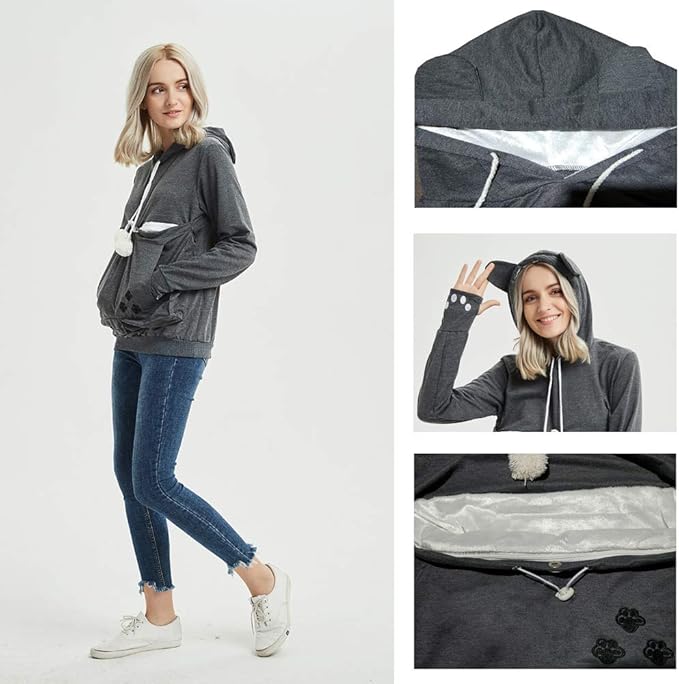 Women Pet Carrier Sweatshirt Puppy Kitten Holding Hoodies Long Sleeve Pouch Tops