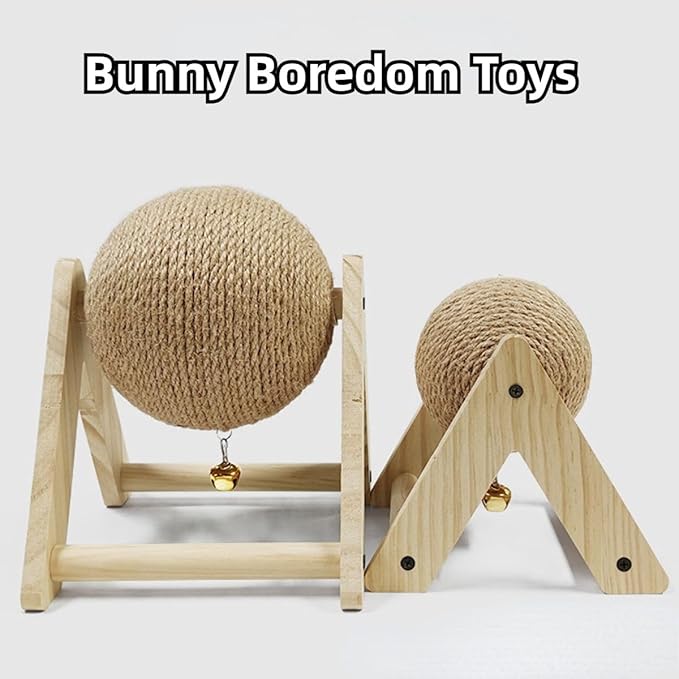 Rabbit Scratch Toy Wooden Natural Sisal Rope Rabbit Scratching Toy Ball Bunny Scratcher with Ball and Bell for Rabbits Bunnies Ferrets Kittens Small Animals (S)