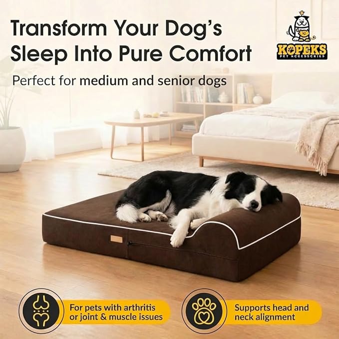 5.5 Inch Thick High Grade Orthopedic Memory Foam Dog Bed With Pillow and Easy to Wash Removable Cover with Anti-Slip Bottom. Free Waterproof Liner Included - for Large Breed Dogs