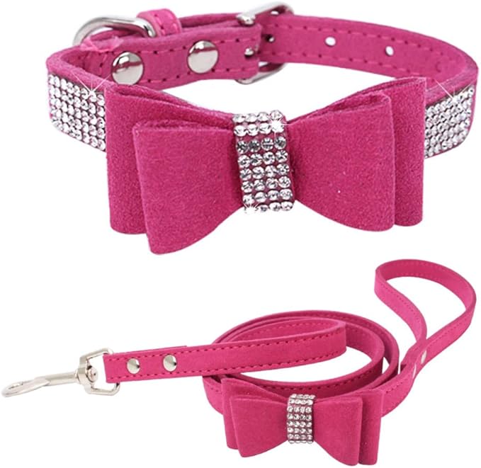 Hot Pink Girl Dog Collar and Leash Set with Bow Tie, Bling Diamond Cat Collar with Bowtie Crystal Rhinestone Puppy Collars for XXS Xs Small Medium Large Female Dogs Pet Kitten, XSmall
